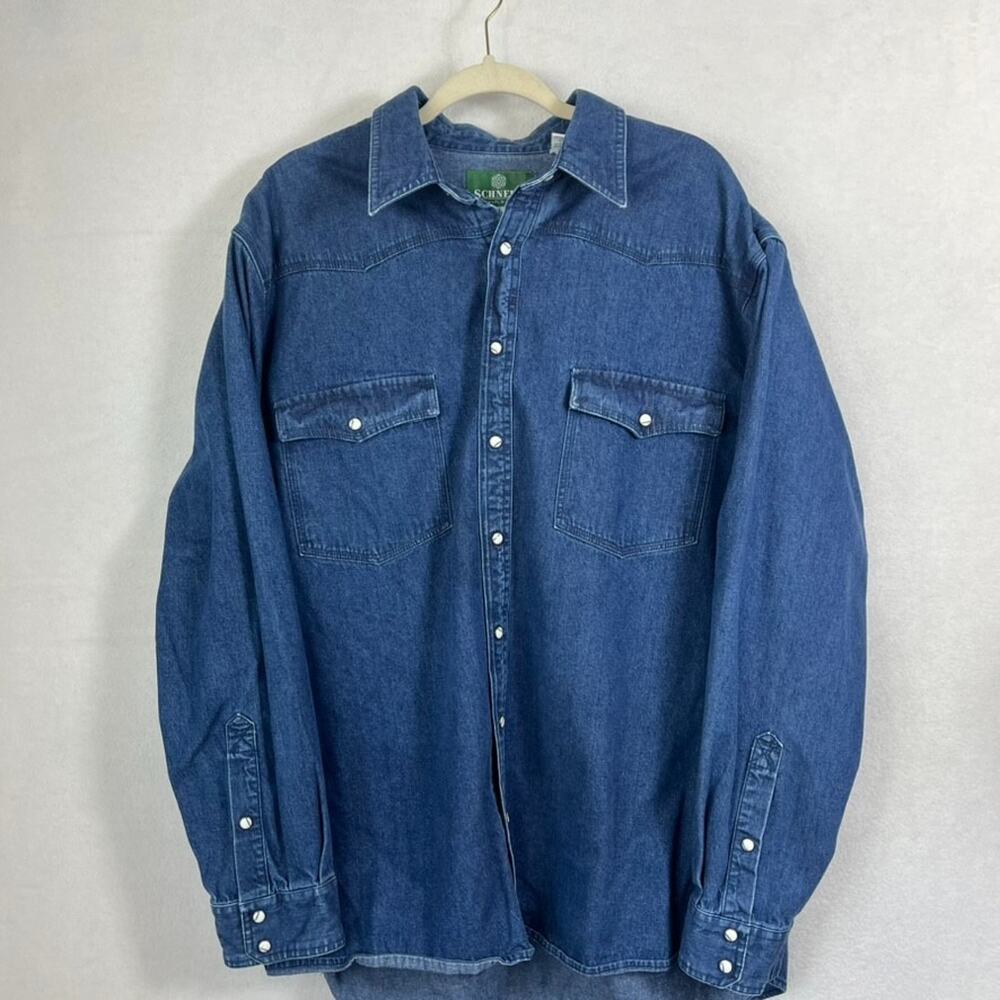 Schnees Bozeman Montana Denim Long Sleeve Shirt Men's Size XL Tall Fit Button Up